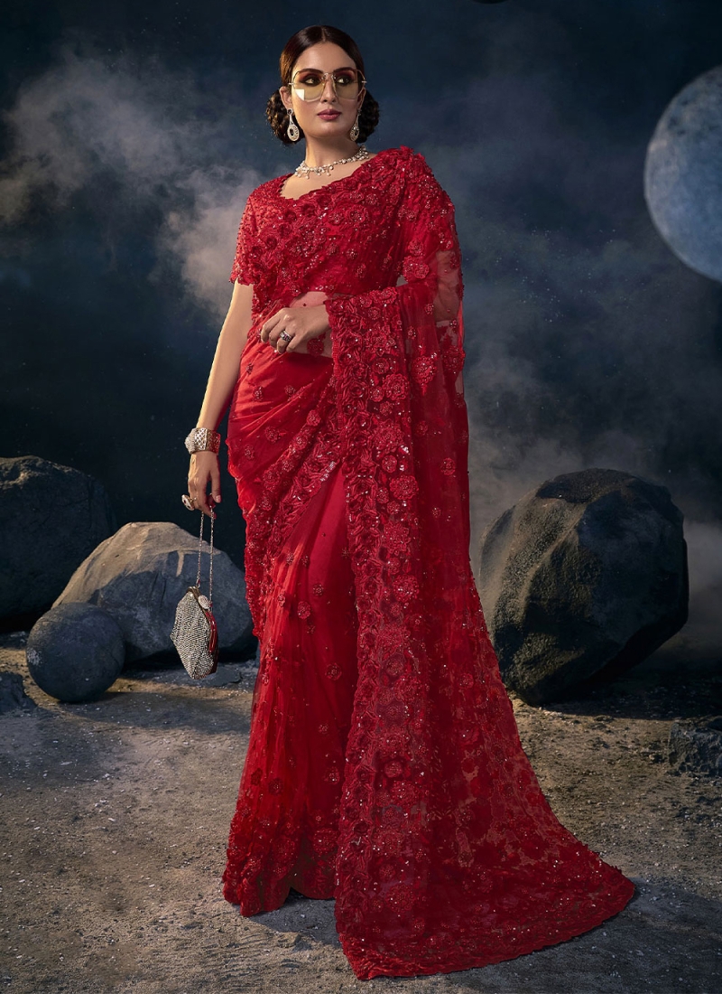 Net Red Thread Contemporary Saree