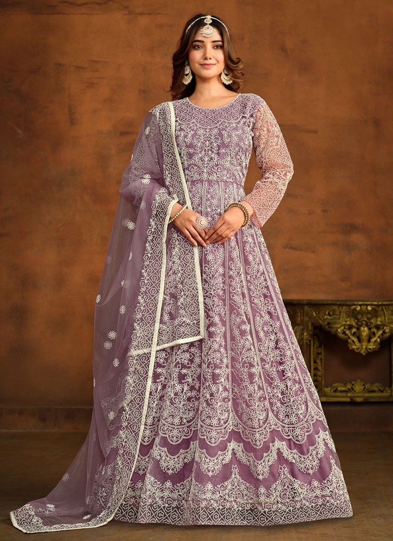 Net Resham Anarkali Salwar Suit in Purple