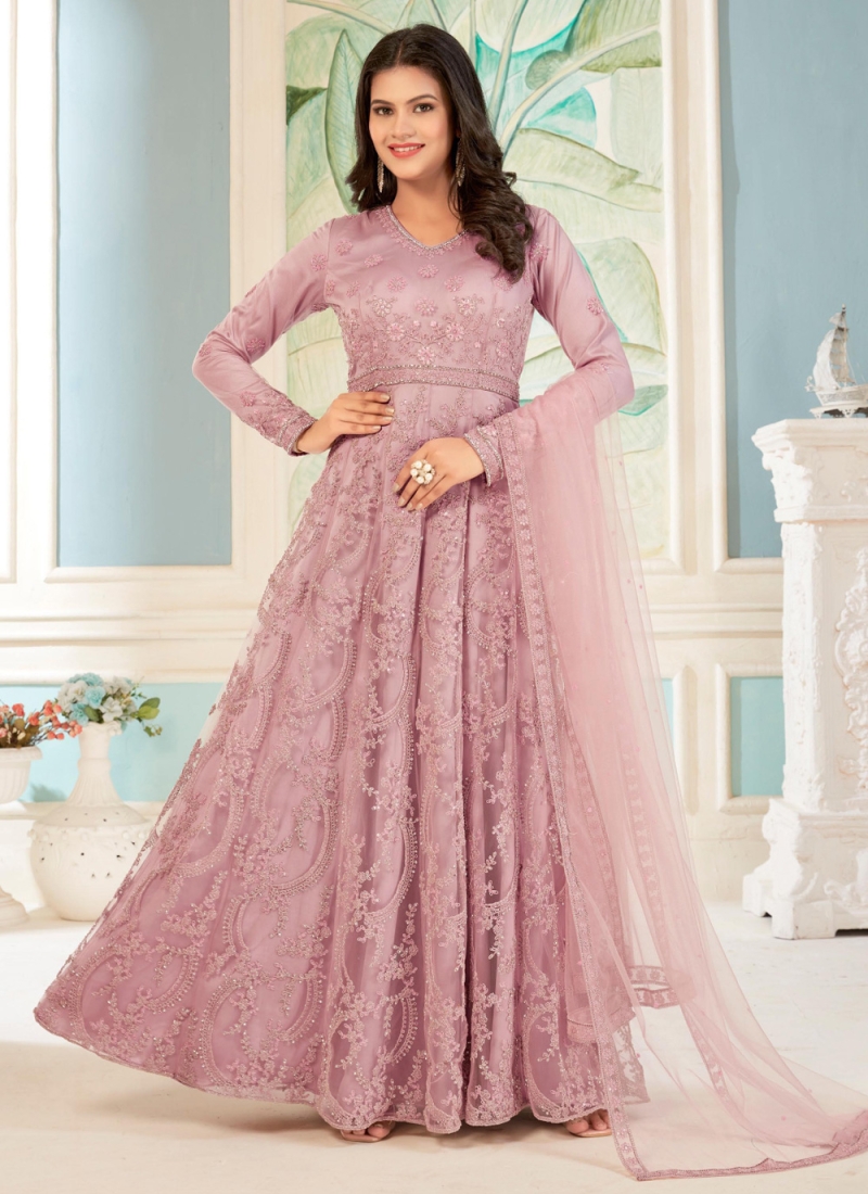 Buy Pink Soft Net Round Embroidered Gown For Women by Mahima Mahajan Online  at Aza Fashions.