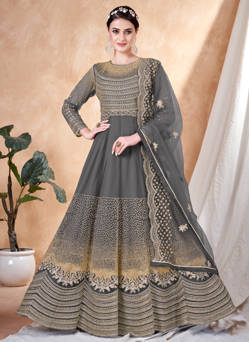 Net Resham Salwar Kameez in Grey