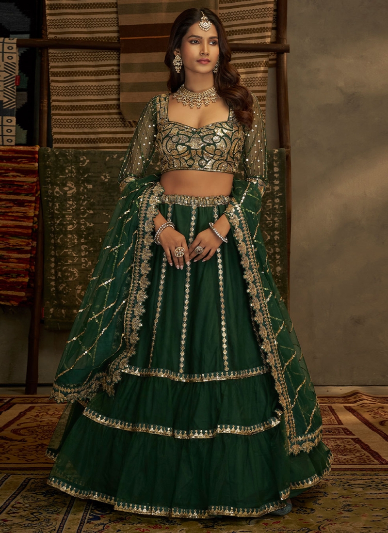 Net Sequins A Line Lehenga Choli in Green