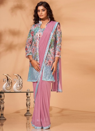 Net Sequins Aqua Blue and Pink Contemporary Style Saree