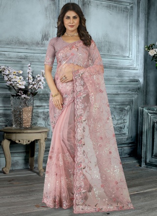 Net Sequins Saree in Pink