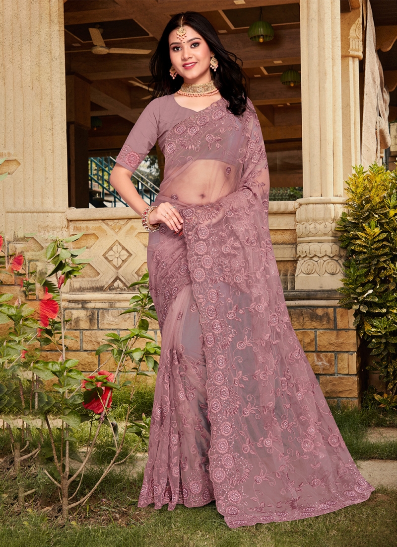 Net Stone Traditional Saree in Pink