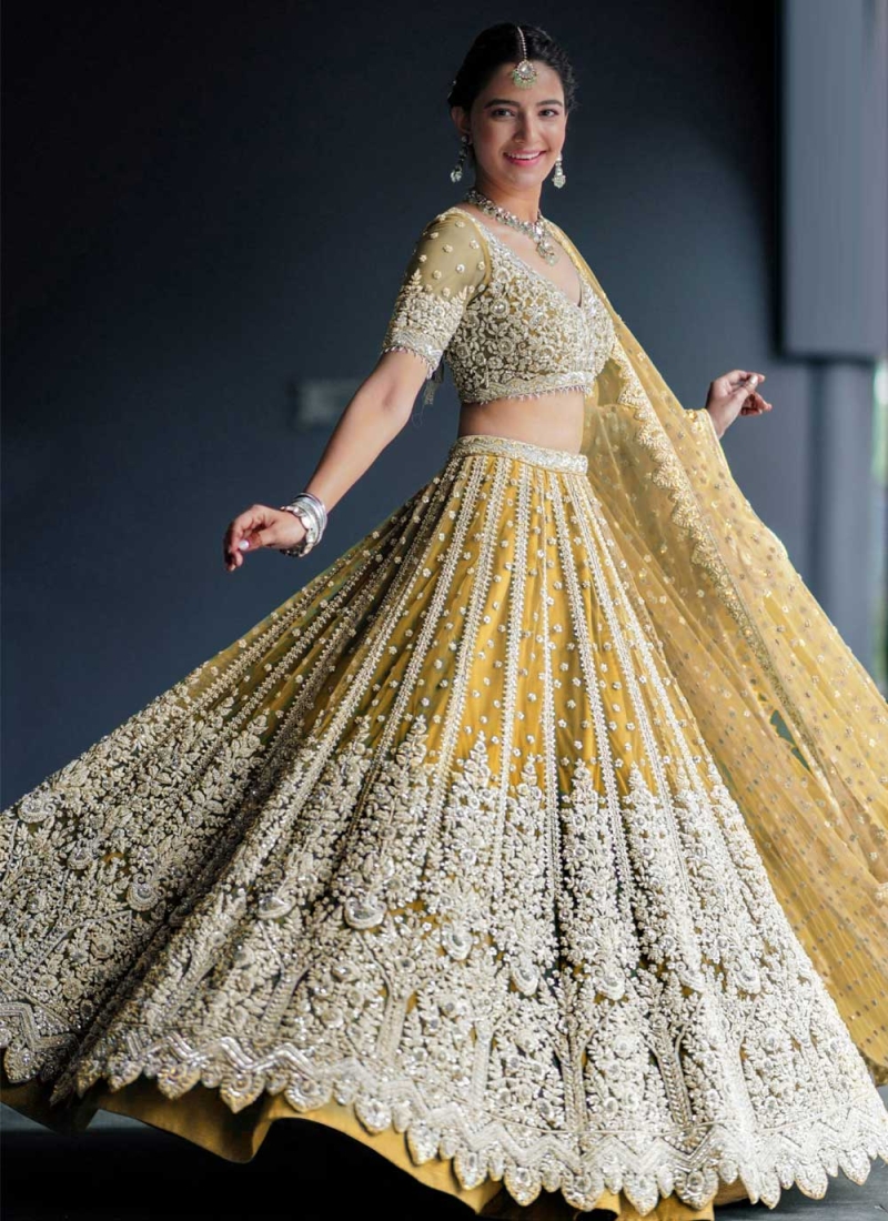 Net Yellow Embroidered Lehenga Choli