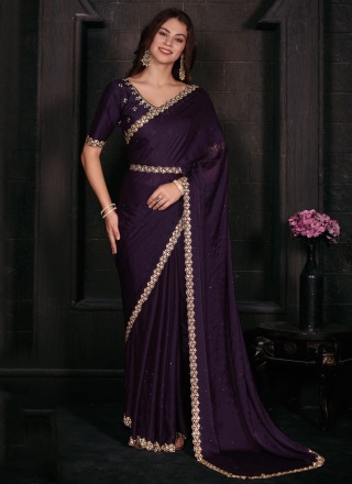 Nice Zircon Georgette Satin Purple Contemporary Saree