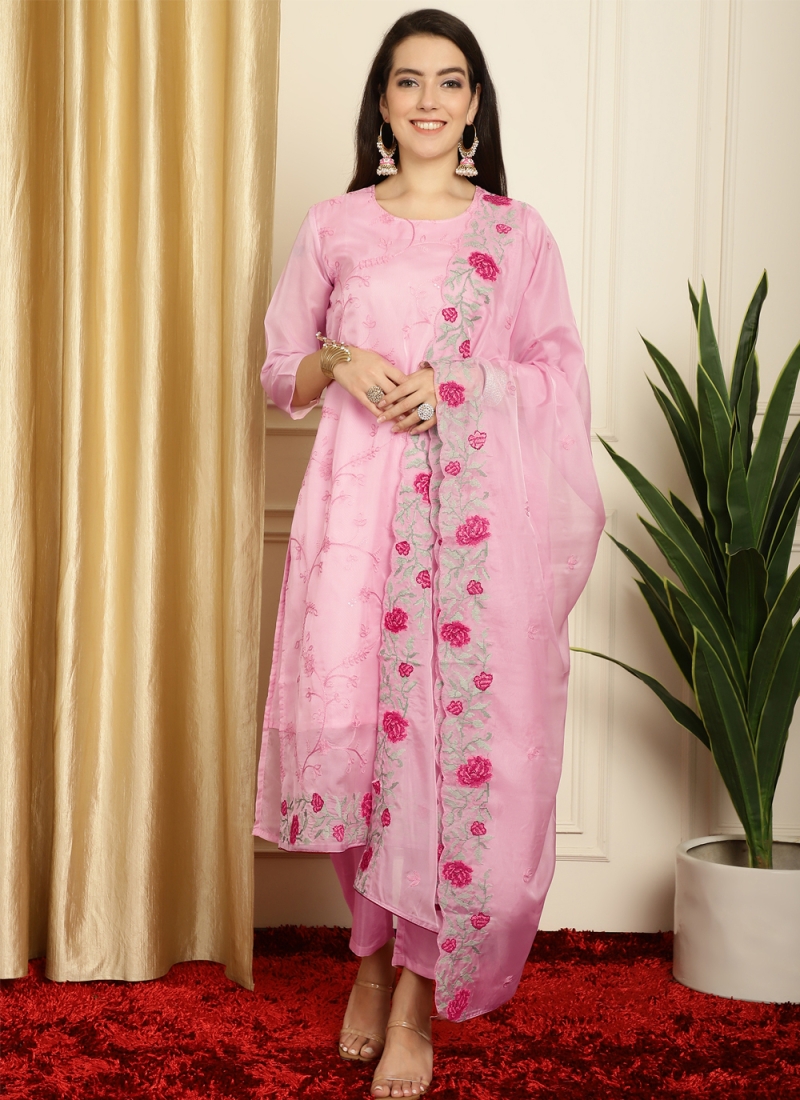 Noble Pink Embroidered Organza Salwar Suit