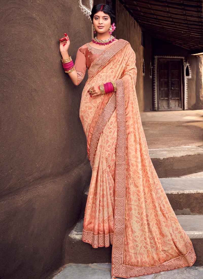 Buy Peach Zari Woven Silk Function Wear Saree From Ethnic Plus