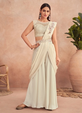 Off White Designer Lehenga Style Saree