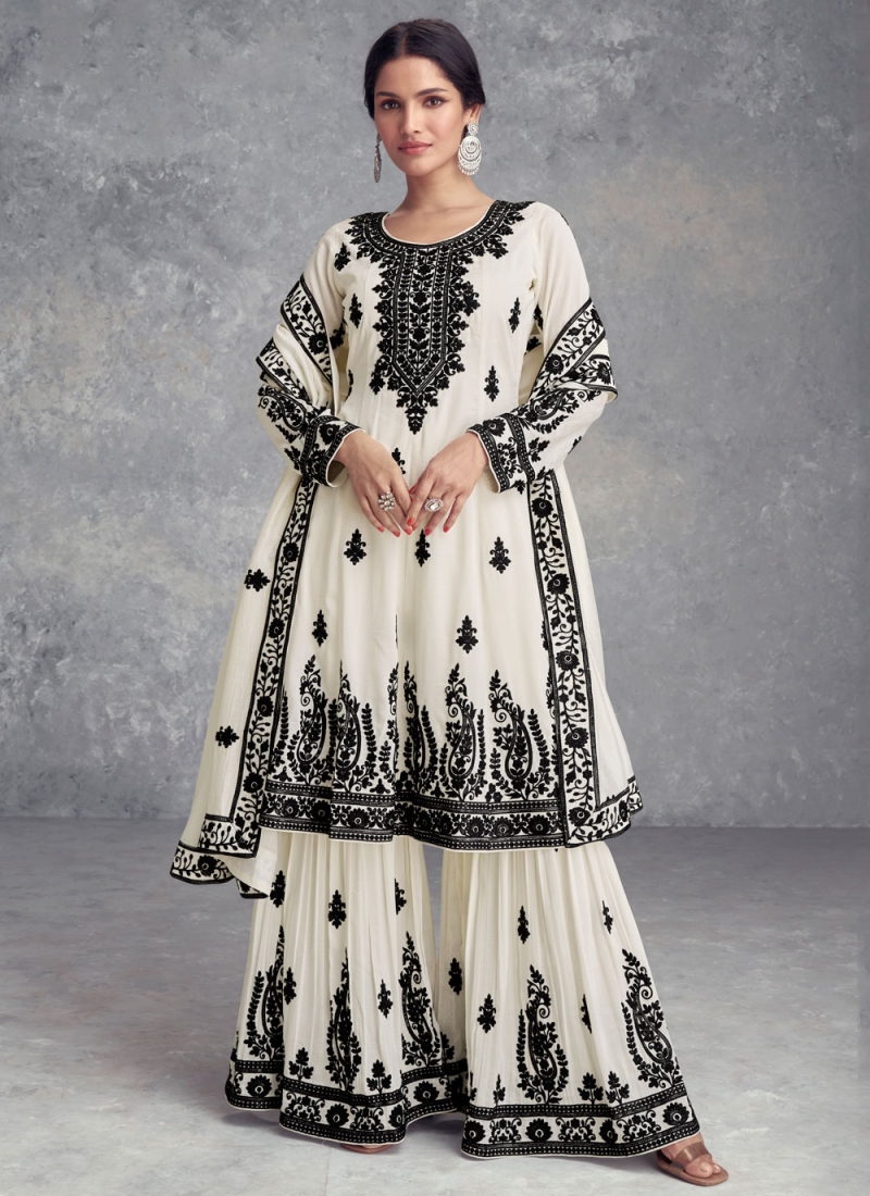 Off White Embroidered Party Trendy Salwar Kameez