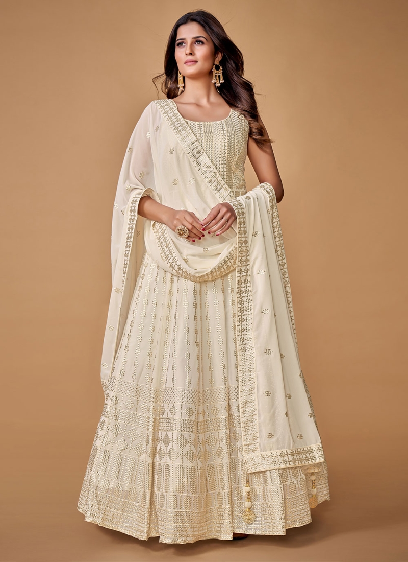Off White Georgette Readymade Gown
