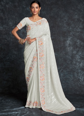 Off White Georgette Wedding Contemporary Saree