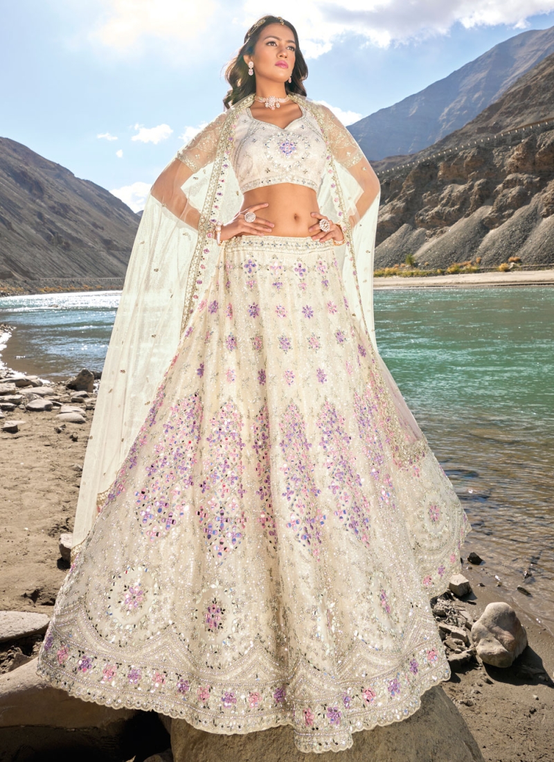 Off White Mirror Net Designer Lehenga Choli