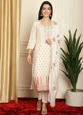 Off White Pure Silk Embroidered Trendy Suit