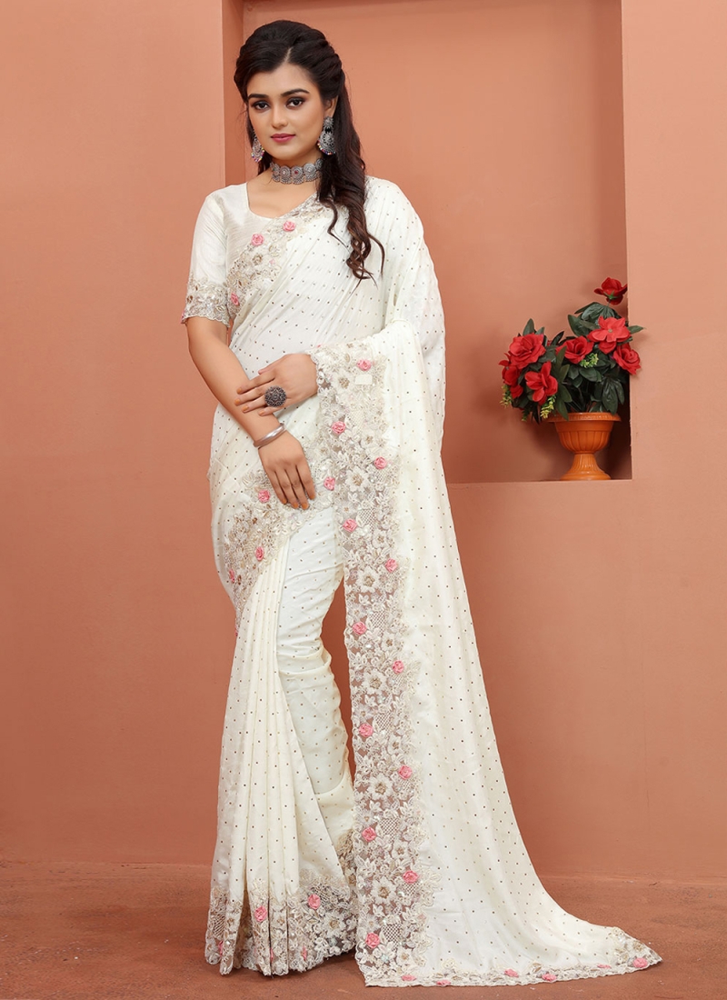 Off White Satin Silk Contemporary Saree