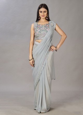 Opulent Grey Shimmer Georgette Contemporary Style Saree