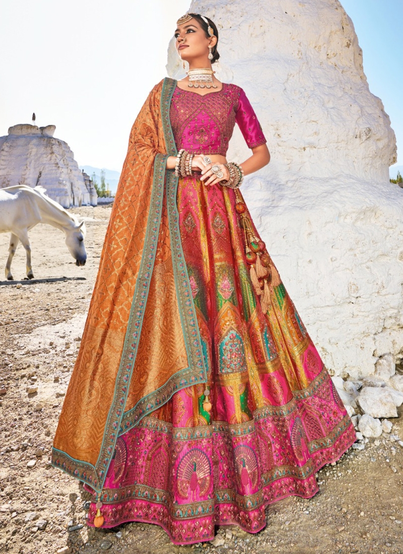 Orange and Pink Banarasi Silk Jacquard Work Trendy Lehenga Choli