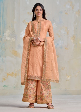 Orange Casual Organza Straight Salwar Kameez