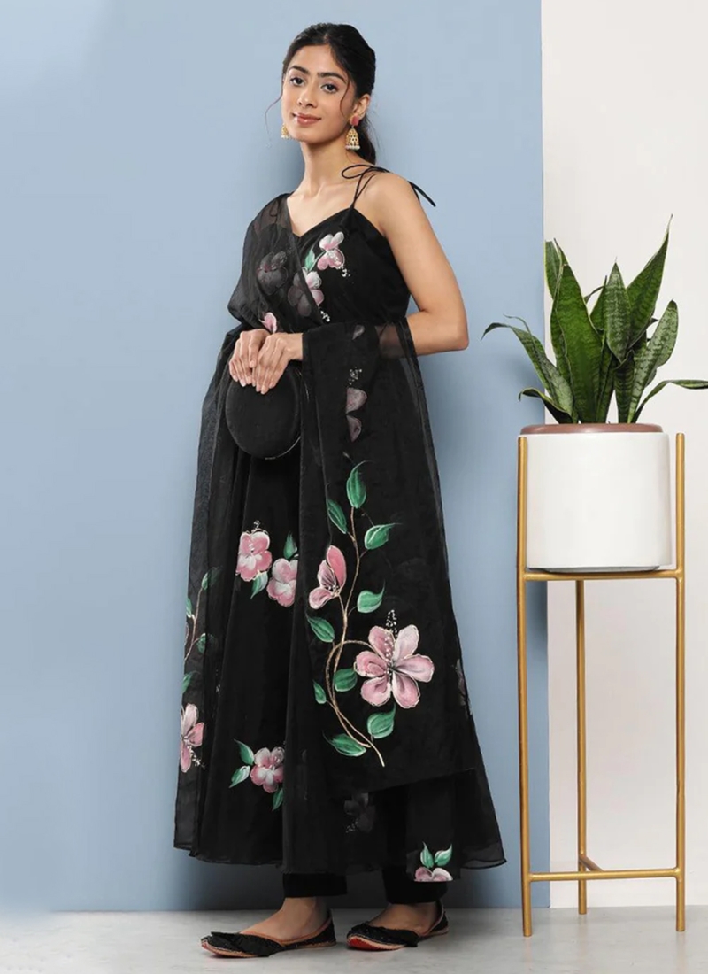 Organza Black Floral Print Trendy Salwar Suit