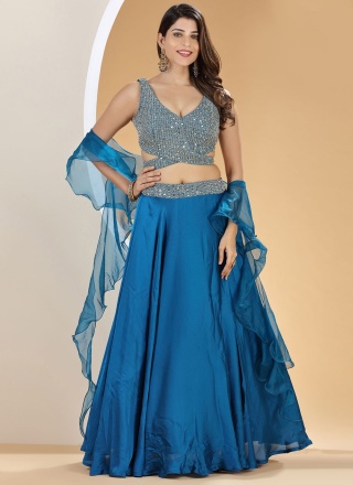 Organza Blue Resham A Line Lehenga Choli