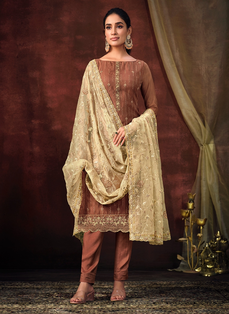 Organza Embroidered Pant Style Suit in Brown