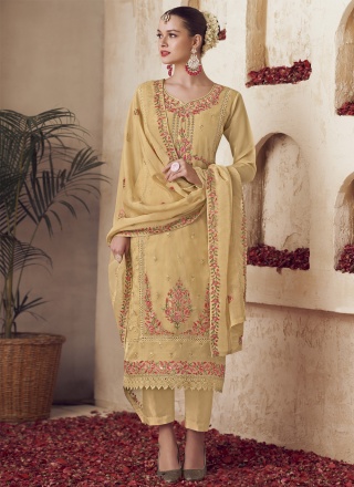 Organza Embroidered Yellow Salwar Kameez