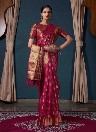 Organza Pink Woven Contemporary Saree