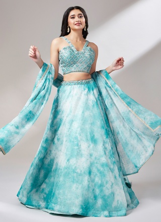 Organza Printed A Line Lehenga Choli in Aqua Blue