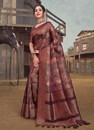 Organza Printed Traditional Saree in Maroon