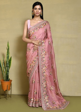 Organza Stone Work Rose Pink Trendy Saree