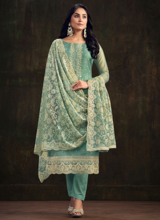 Organza Swarovski Trendy Salwar Kameez in Sea Green