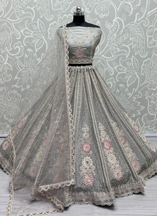 Organza Thread Work Lehenga Choli in Grey