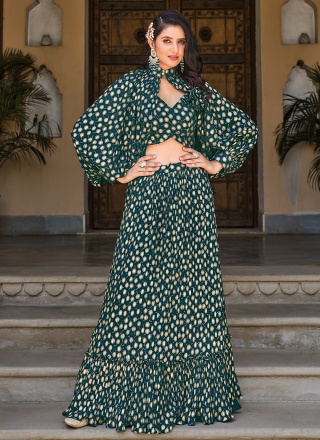 Outstanding Printed Green Georgette Long Choli Lehenga