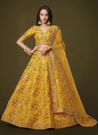 Outstanding Yellow Mehndi Trendy Lehenga Choli