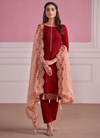 Pant Style Suit Embroidered Chiffon in Red