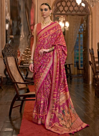 Patola Silk  Hot Pink Weaving Trendy Saree