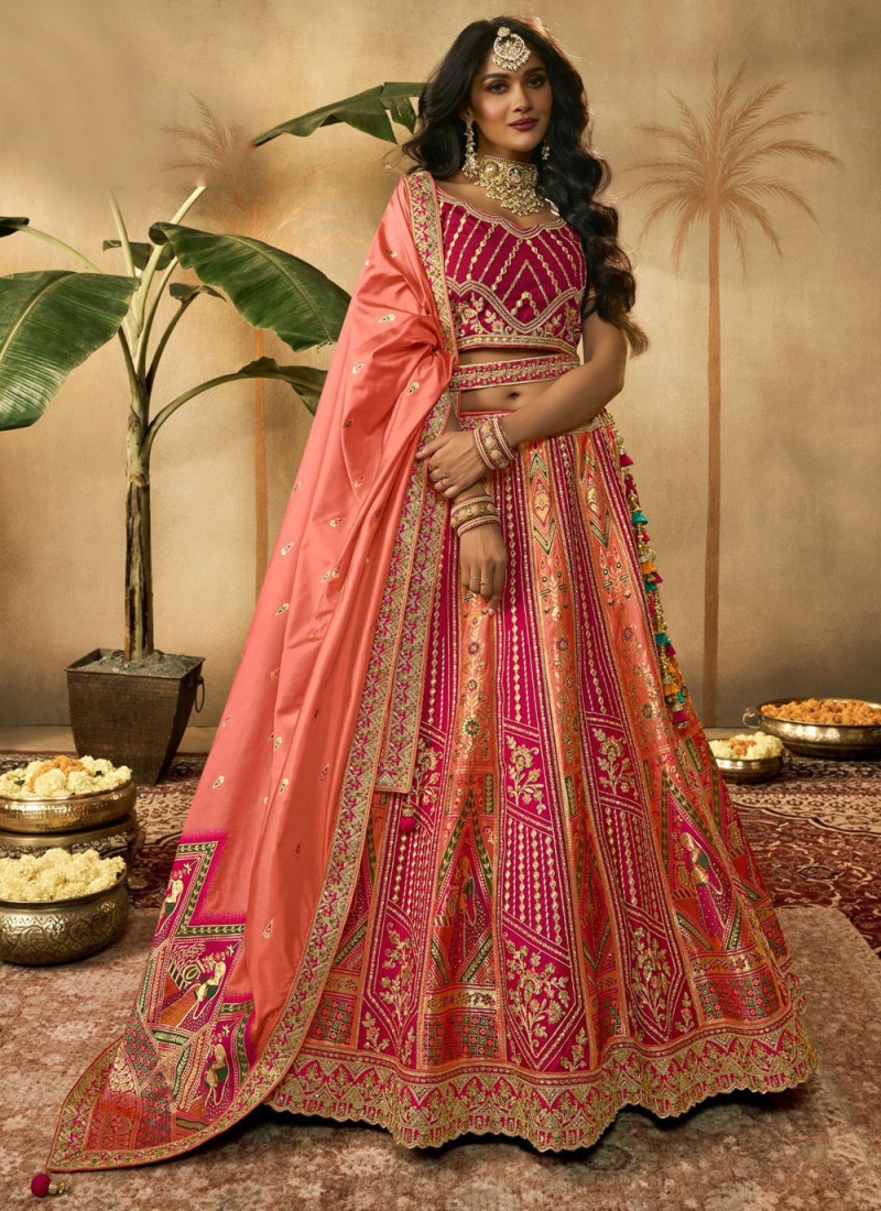 Peach and Pink Zari Banarasi Silk Designer Lehenga Choli