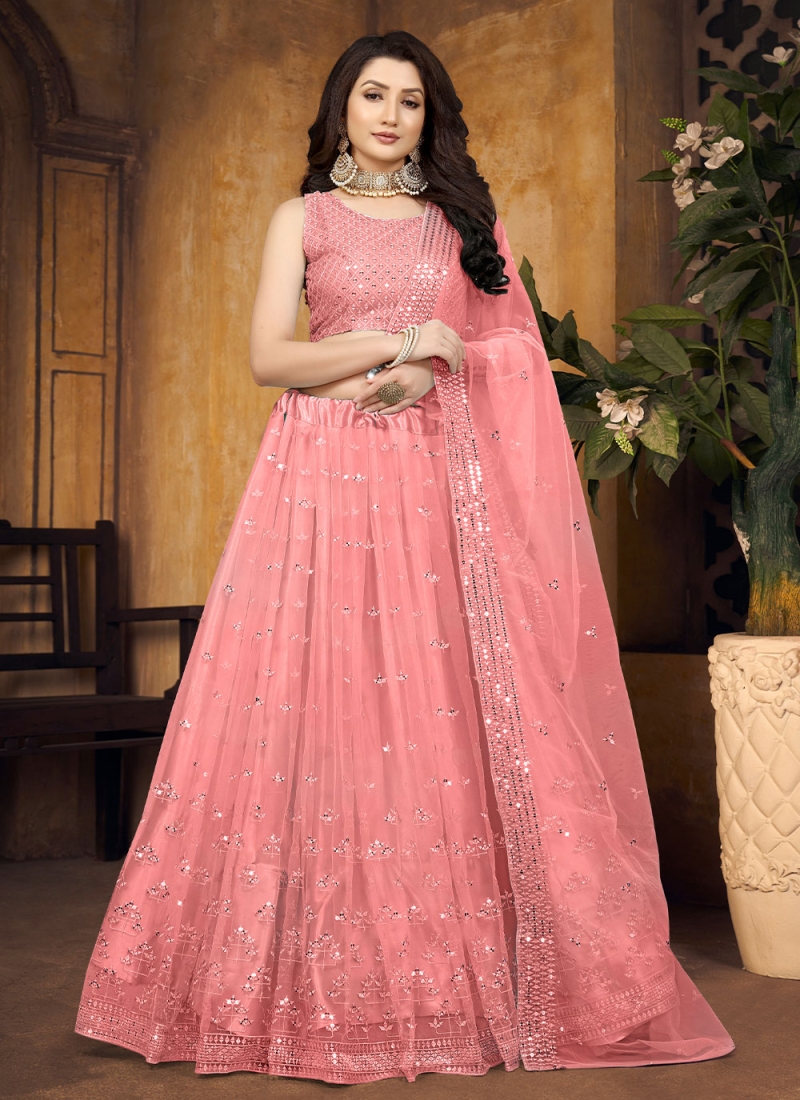 Peach Ceremonial Net A Line Lehenga Choli