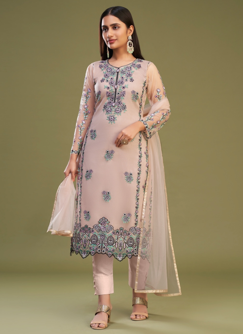 Peach Engagement Net Trendy Salwar Suit