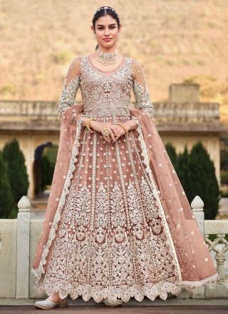 Peach Net Floor Length Anarkali Suit