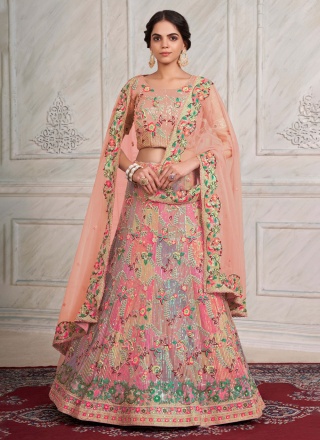 Peach Net Thread Work Lehenga Choli