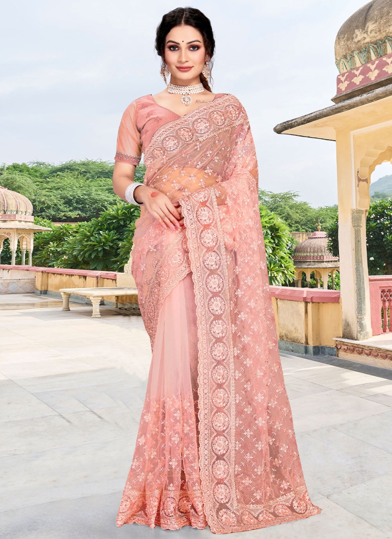 Peach Net Zari Saree