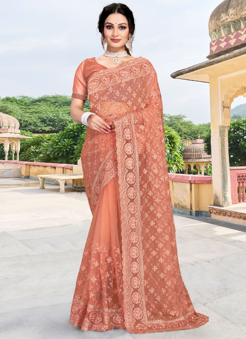 Peach Resham Net Trendy Saree