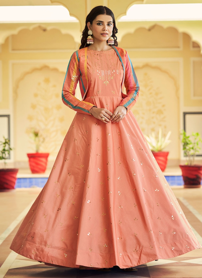 Peach Sequins Cotton Designer Gown