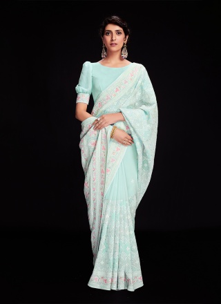 Peppy Aqua Blue Georgette Saree