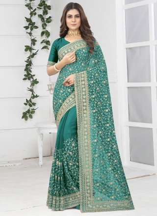 Perfervid Diamond Aqua Blue Georgette Trendy Saree