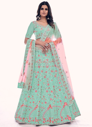 Perfervid Net Turquoise Thread Long Choli Lehenga