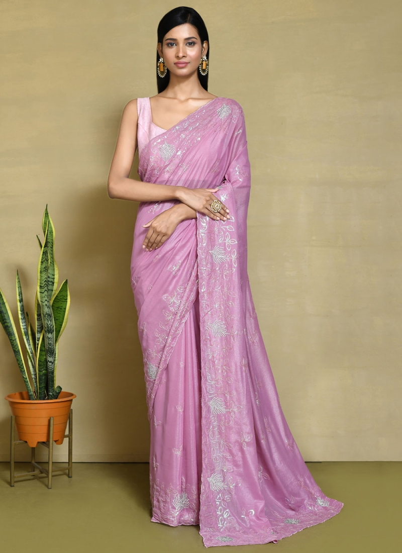 Picturesque Pink Embroidered Crepe Silk Classic Saree