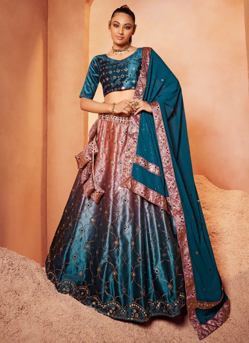 Pink and Teal Embroidered Velvet Designer Lehenga Choli