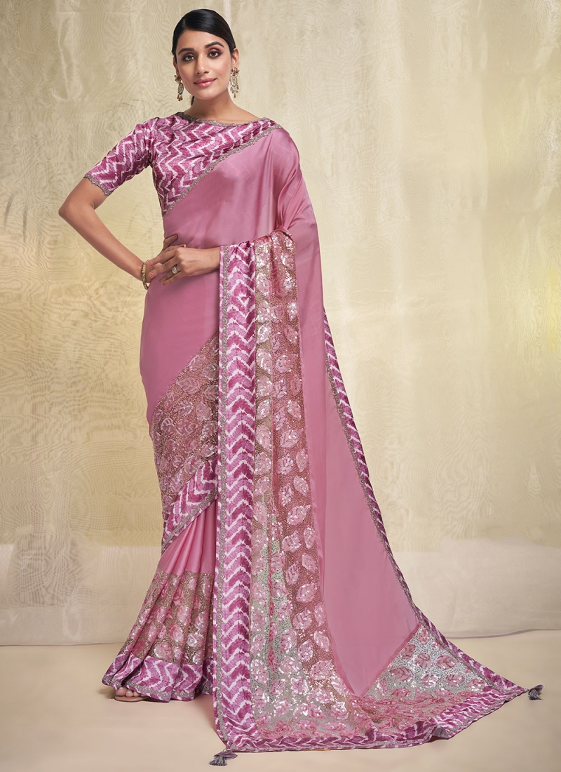Pink Crepe Silk Embroidered Classic Saree